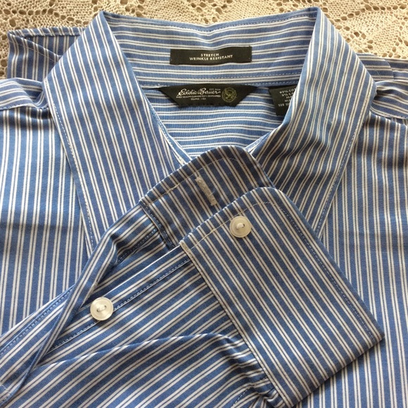 Eddie Bauer ⭐️ striped ⭐️ blue & white button up ⭐️ cotton mix ⭐️ stretch - Picture 5 of 5